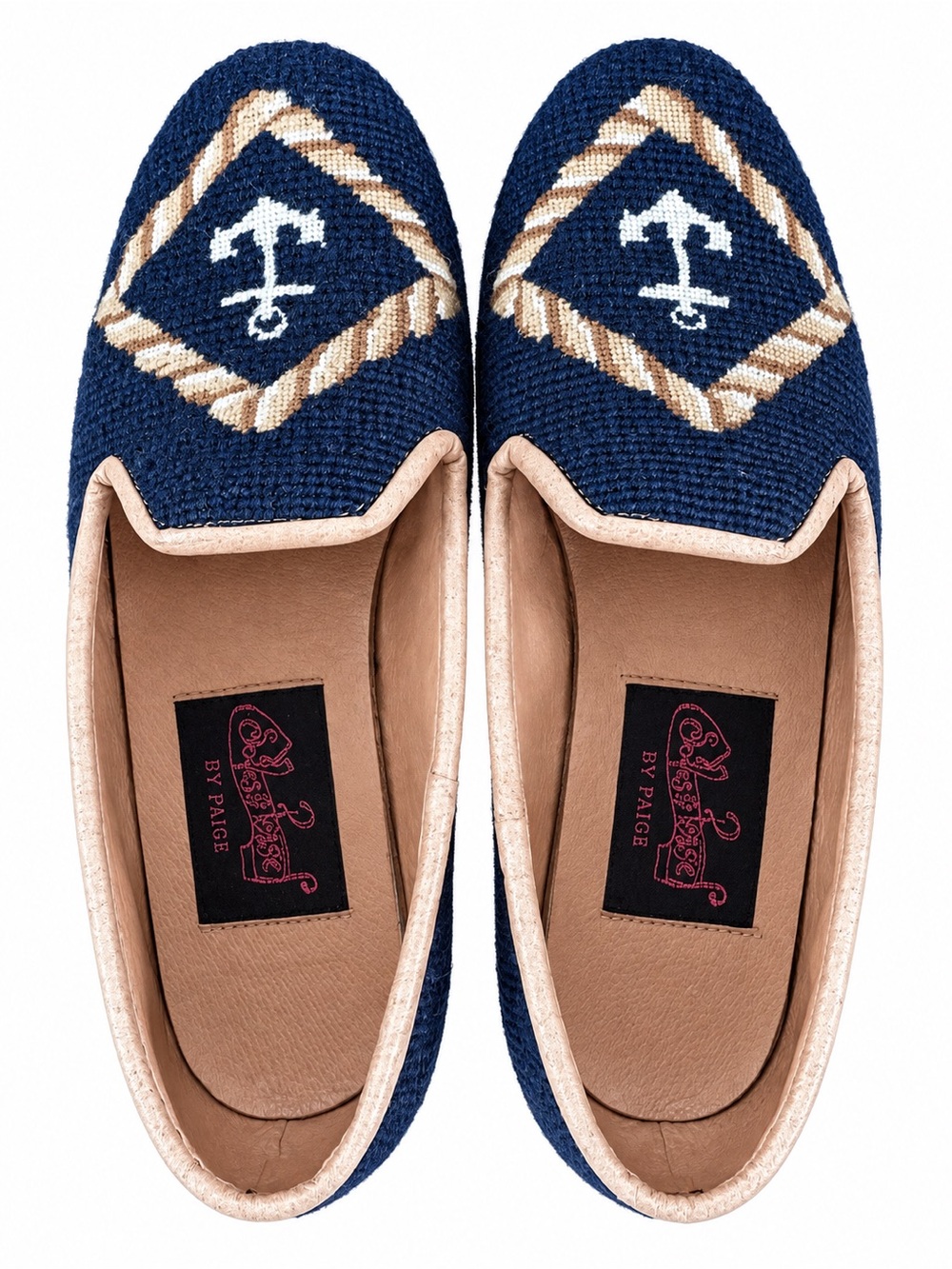 PAIGE Navy and Tan Anchor Needlepoint Slip On Loafers
